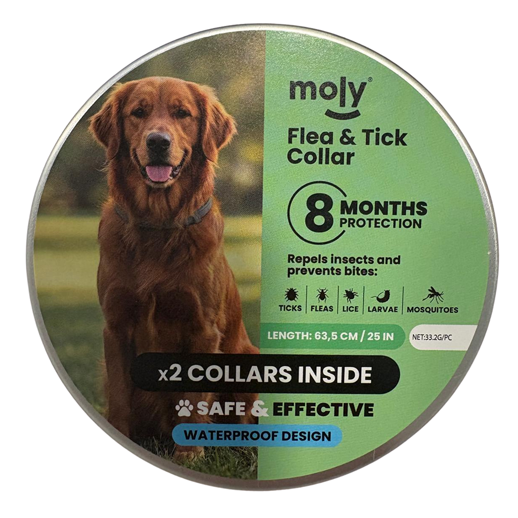 COLLAR MOLY ANTIPARASITARIO CONTRA PULGAS GARRAPATAS MOSQUITO PARA PERROS RAZA GRANDE PACK 2 WATERPROOF 8 MESES PROTECCIÓN